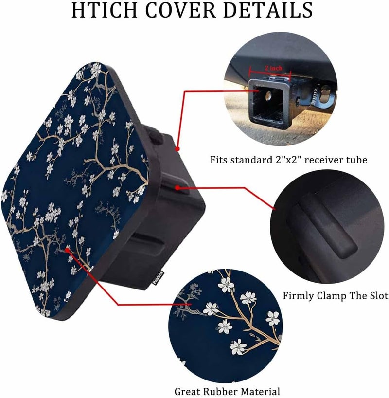 Beabes Trailer Hitch Cover Plug Cherry, Bloom Cherry Flower Tree Branch Trailer Hitch Cover Plug Cap Insert Fits 2" Receivers Black Receiver Tube Hitch Plug for RVs SUVs and Cars, Navy White - Image 3